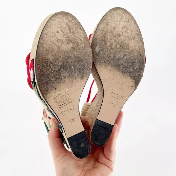 Gucci Red Suede Floral Embroidered Espadrille Wedge Platform Sandal EU 40.5 - Picture 10 of 11